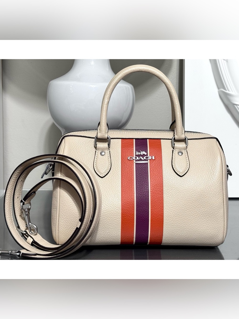 COACH Rowan Satchel Bag With Stripe,‎ IVORY MULTI STRIPE